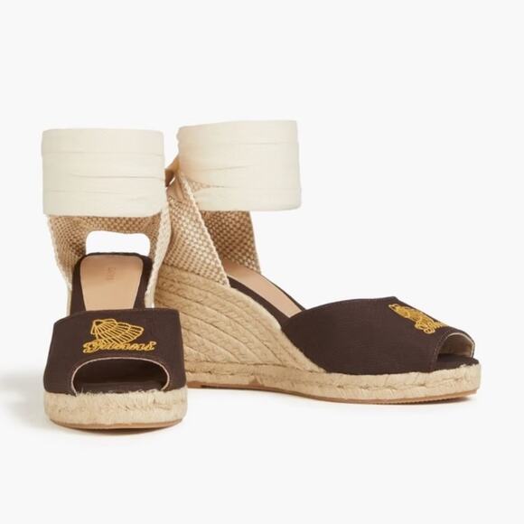 New GANNI Chocolate Brown Embroidered Canvas Wedge Espadrille Sandals Size 40 - Picture 1 of 16